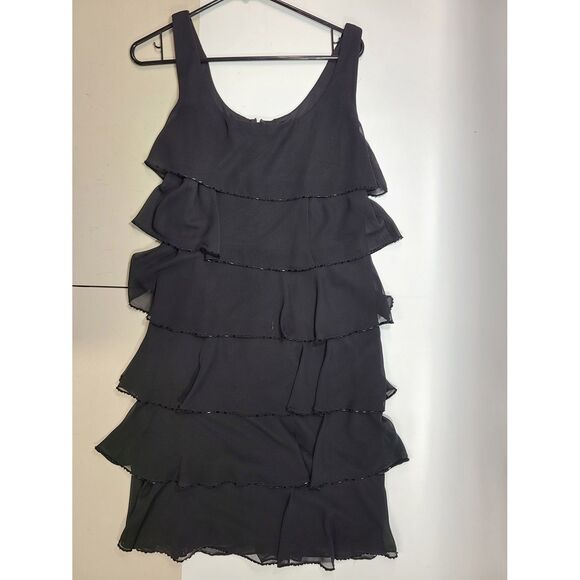 Patra Black Tiered Ruffle Mini Dress with Beaded Trim, Size 12 - Picture 1 of 6